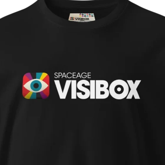The black Visibox t-shirt, logo and collar close up